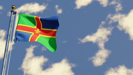 Lincolnshire 3D rendered realistic waving flag illustration on Flagpole. Isolated on sky background with space on the right side.