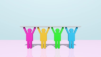 ein starkes Team hält ein leeres Brett oder Tablett nach oben