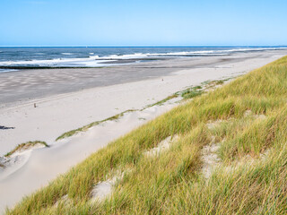 Fototapeta na wymiar Deserted beach, breakwaters and dunes at North Sea coast of West Frisian island Vlieland, Netherlands