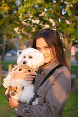 young  woman with maltese dog   in the park