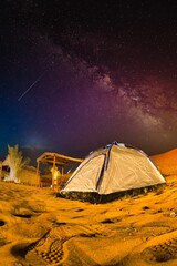 Night Camping in the starry night with the Milky Way in the desert area of Dubai 