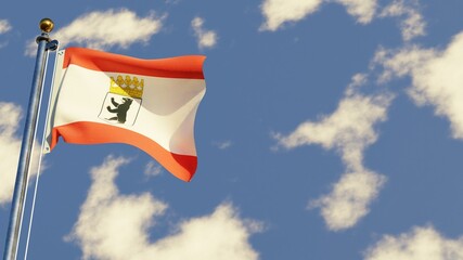 Berlin 3D rendered realistic waving flag illustration on Flagpole. Isolated on sky background with space on the right side.