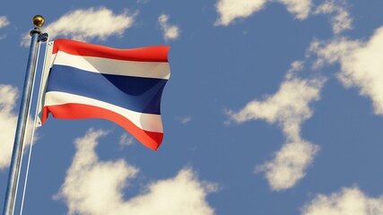 Thailand 3D rendered realistic waving flag illustration on Flagpole. Isolated on sky background with space on the right side.