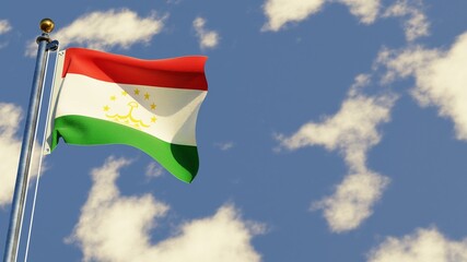 Tajikistan 3D rendered realistic waving flag illustration on Flagpole. Isolated on sky background with space on the right side.
