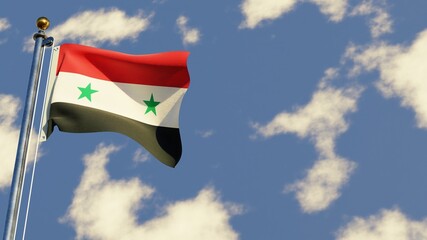 Syria 3D rendered realistic waving flag illustration on Flagpole. Isolated on sky background with space on the right side.