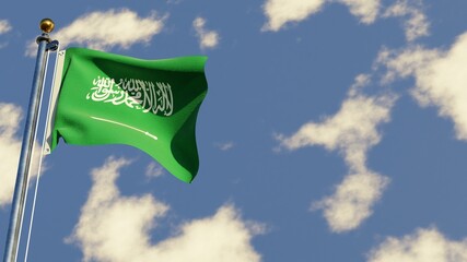 Saudi Arabia 3D rendered realistic waving flag illustration on Flagpole. Isolated on sky background with space on the right side.