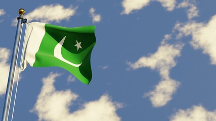 Pakistan 3D rendered realistic waving flag illustration on Flagpole. Isolated on sky background with space on the right side.