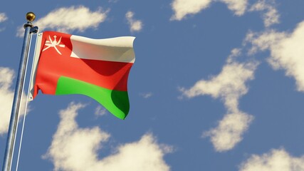 Oman 3D rendered realistic waving flag illustration on Flagpole. Isolated on sky background with space on the right side.