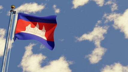 Cambodia 3D rendered realistic waving flag illustration on Flagpole. Isolated on sky background with space on the right side.