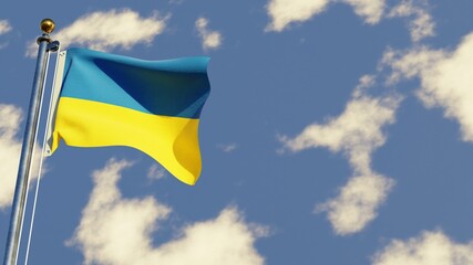 Ukraine 3D rendered realistic waving flag illustration on Flagpole. Isolated on sky background with space on the right side.