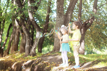 Family with children for a walk in the summer park. Сoming autumn in the park. Family. Fall. Happiness.