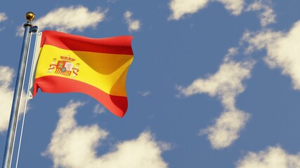 Spain 3D rendered realistic waving flag illustration on Flagpole. Isolated on sky background with space on the right side.