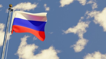 Russia 3D rendered realistic waving flag illustration on Flagpole. Isolated on sky background with space on the right side.
