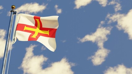 Guernsey 3D rendered realistic waving flag illustration on Flagpole. Isolated on sky background with space on the right side.