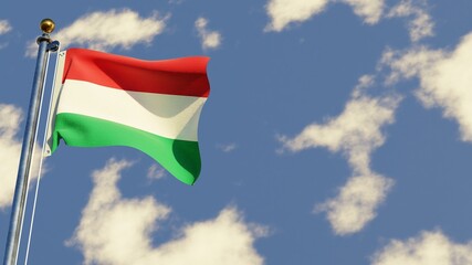 Hungary 3D rendered realistic waving flag illustration on Flagpole. Isolated on sky background with space on the right side.