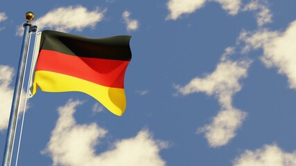 Germany 3D rendered realistic waving flag illustration on Flagpole. Isolated on sky background with space on the right side.