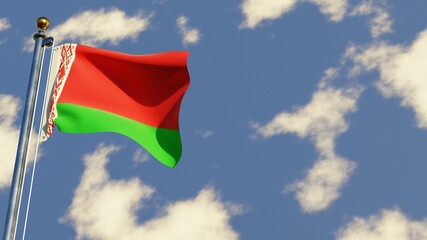 Belarus 3D rendered realistic waving flag illustration on Flagpole. Isolated on sky background with space on the right side.