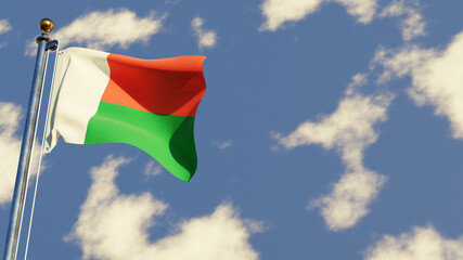 Madagascar 3D rendered realistic waving flag illustration on Flagpole. Isolated on sky background with space on the right side.