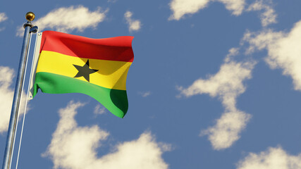 Ghana 3D rendered realistic waving flag illustration on Flagpole. Isolated on sky background with space on the right side.