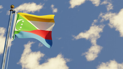 Comores 3D rendered realistic waving flag illustration on Flagpole. Isolated on sky background with space on the right side.