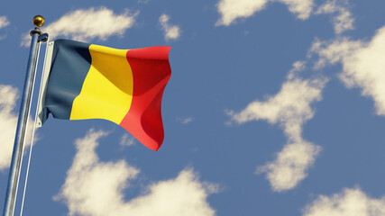 Chad 3D rendered realistic waving flag illustration on Flagpole. Isolated on sky background with space on the right side.