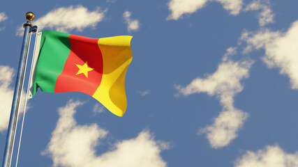 Cameroon 3D rendered realistic waving flag illustration on Flagpole. Isolated on sky background with space on the right side.