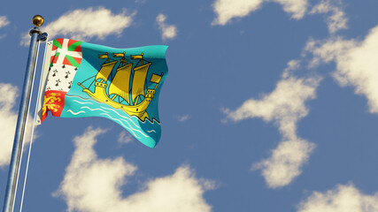 Saint-Pierre And Miquelon 3D rendered realistic waving flag illustration on Flagpole. Isolated on sky background with space on the right side.