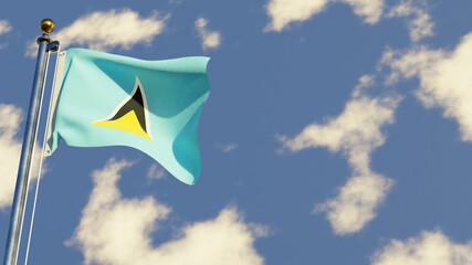 Saint Lucia 3D rendered realistic waving flag illustration on Flagpole. Isolated on sky background with space on the right side.