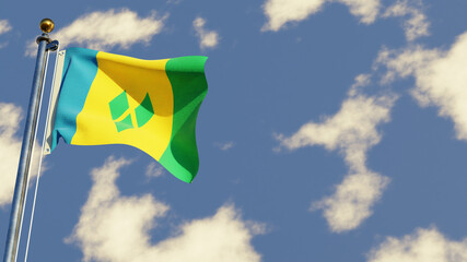 Saint Vincent And The Grenadines 3D rendered realistic waving flag illustration on Flagpole. Isolated on sky background with space on the right side.