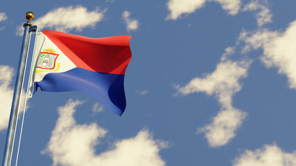 Sint Maarten 3D rendered realistic waving flag illustration on Flagpole. Isolated on sky background with space on the right side.