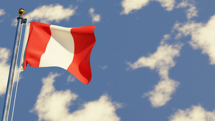 Peru 3D rendered realistic waving flag illustration on Flagpole. Isolated on sky background with space on the right side.