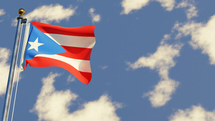 Puerto Rico 3D rendered realistic waving flag illustration on Flagpole. Isolated on sky background with space on the right side.