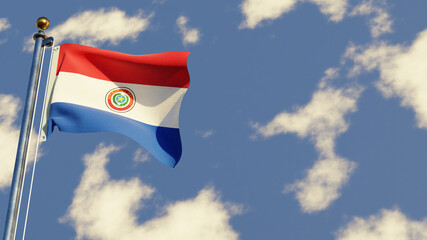 Paraguay 3D rendered realistic waving flag illustration on Flagpole. Isolated on sky background with space on the right side.