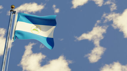 Nicaragua 3D rendered realistic waving flag illustration on Flagpole. Isolated on sky background with space on the right side.