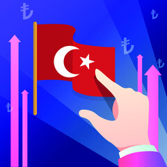 The black hand points to the flag of Turkey. Against the background of the growth of the lira. Finance, income, exchange, money and deposits in the country's currency.