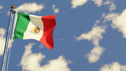 Mexico 3D rendered realistic waving flag illustration on Flagpole. Isolated on sky background with space on the right side.
