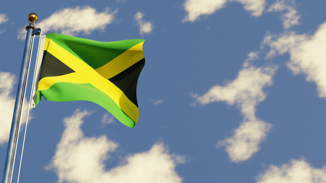 Jamaica 3D rendered realistic waving flag illustration on Flagpole. Isolated on sky background with space on the right side.