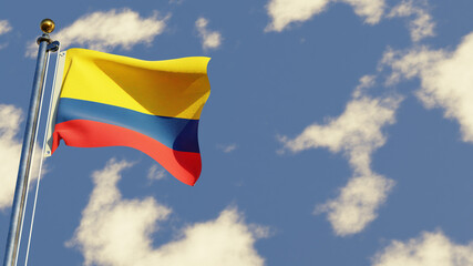 Colombia 3D rendered realistic waving flag illustration on Flagpole. Isolated on sky background with space on the right side.