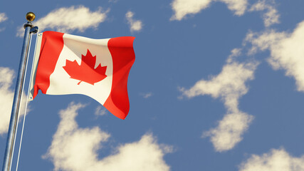 Canada 3D rendered realistic waving flag illustration on Flagpole. Isolated on sky background with space on the right side.