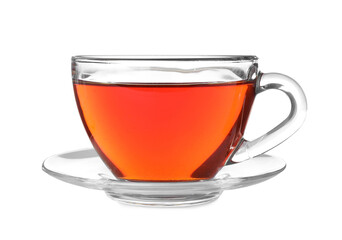 Glass cup of aromatic rooibos tea isolated on white