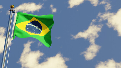Brazil 3D rendered realistic waving flag illustration on Flagpole. Isolated on sky background with space on the right side.