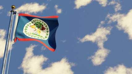 Belize 3D rendered realistic waving flag illustration on Flagpole. Isolated on sky background with space on the right side.