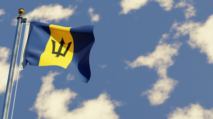 Barbados 3D rendered realistic waving flag illustration on Flagpole. Isolated on sky background with space on the right side.