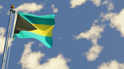 Bahamas 3D rendered realistic waving flag illustration on Flagpole. Isolated on sky background with space on the right side.