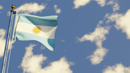 Argentina 3D rendered realistic waving flag illustration on Flagpole. Isolated on sky background with space on the right side.