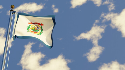 West Virginia 3D rendered realistic waving flag illustration on Flagpole. Isolated on sky background with space on the right side.