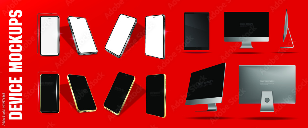 Poster set of realistic computers and mobile phones. personal computer, smartphone and tablet from differen