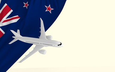 Flight by passenger airplane travel concept on the national country flag of New Zealand geopolitics and tourism banner with copy space cut out ready 3d rendering image