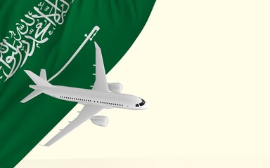 Flight by passenger airplane travel concept on the national country flag of Saudi Arabia geopolitics and tourism banner with copy space cut out ready 3d rendering image