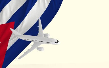 Flight by passenger airplane travel concept on the national country flag of Cuba geopolitics and tourism banner with copy space cut out ready 3d rendering image